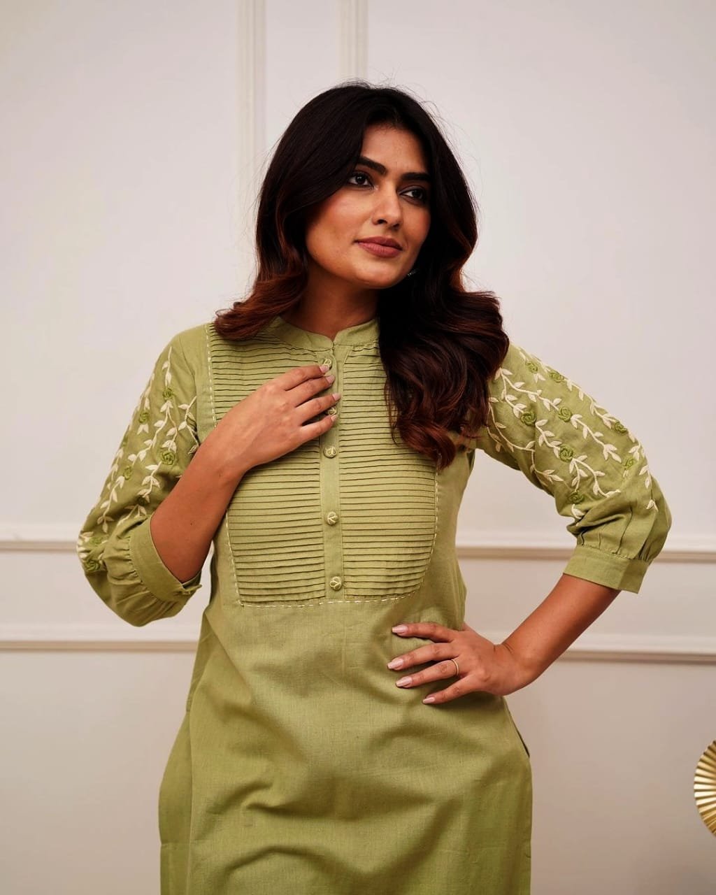 Green Kurti Pant Set with Embroidery & Pintex Detailing